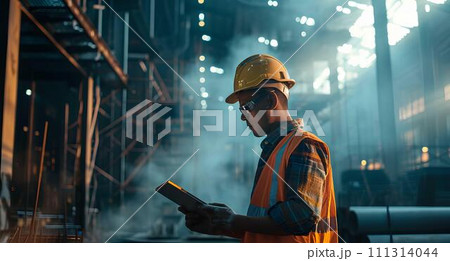 Man standing in front of oil refinery at sunset. Energy industry concept 111314044