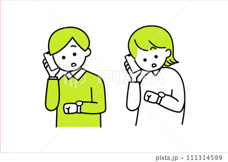 スマホで電話をかけながら時計を気にする男女のイラスト 111314599