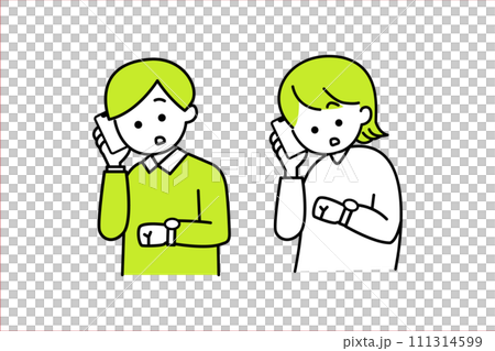 スマホで電話をかけながら時計を気にする男女のイラスト 111314599