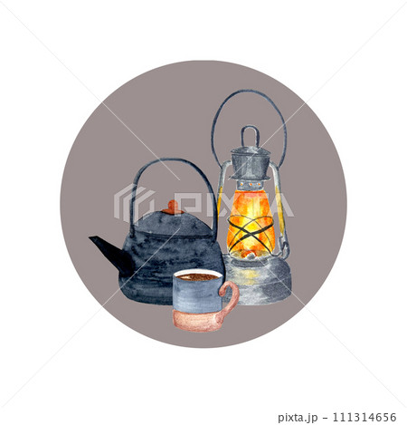 Watercolor camping kettle lantern mug composition on pinkish grey round background Watercolor camping kettle lantern mug composition on pinkish grey round background 111314656