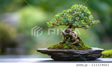 Serene Bonsai on Rocky Base in Daylight 111314681