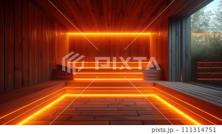 Empty Sauna Room with Ambient Lighting 111314751