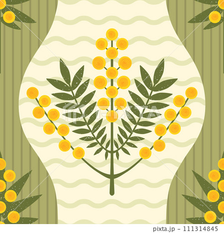 Geometric floral vector seamless pattern. Modern symmetrical yellow flowers and leaves on green striped background. Australian Wattle plant drawn with brush texture. Mimosa flower repeated background 111314845
