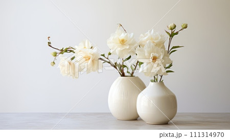 White Roses in Ceramic Vases on Marble 111314970