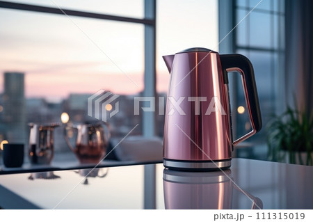 A pink metal teapot is on the table A pink metal teapot is on the table 111315019