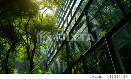 Eco-friendly building in the modern city. Sustainable glass office building with tree for reducing carbon dioxide. Office building with green environment. Corporate building reduce CO2. Generative AI. 111315150