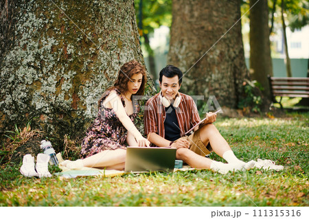 Two intercultural college students sitting under tree in park and discussing points of new project while girl pointing at laptop screen Two intercultural college students sitting under tree in park and discussing points of new project while girl pointing at laptop screen 111315316