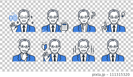 Facial expression icon illustration set material of a senior man wearing a suit Facial expression icon illustration set material of a senior man wearing a suit 111315320