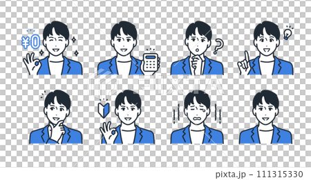 Facial expression icon illustration set material of a young man wearing a casual suit 111315330