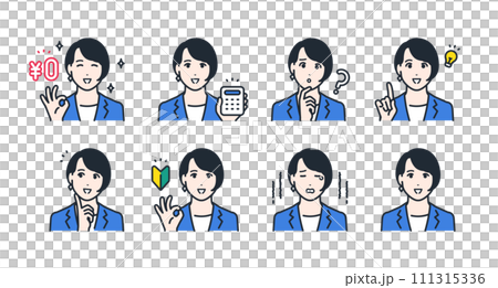 Facial expression icon set material of a young woman wearing a suit 111315336