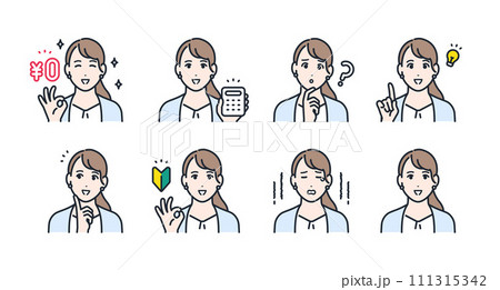 スーツを着た若い女性の表情アイコンイラストセット素材 111315342