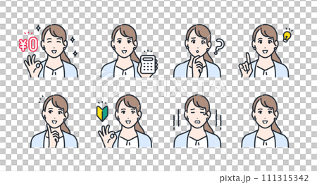 スーツを着た若い女性の表情アイコンイラストセット素材 111315342