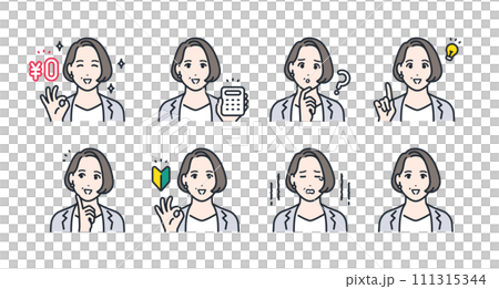Simple facial expression icon illustration set material of a middle-aged woman wearing a suit 111315344