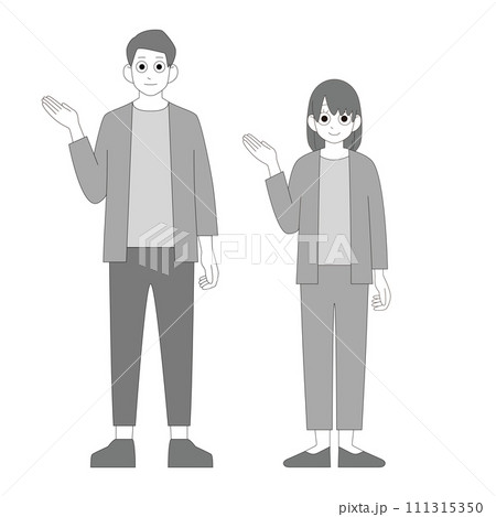 手のひらを向けて説明するラフな格好で働く男女 全身イラスト モノクロ 手のひらを向けて説明するラフな格好で働く男女 全身イラスト モノクロ 111315350