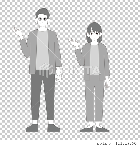 手のひらを向けて説明するラフな格好で働く男女 全身イラスト モノクロ 手のひらを向けて説明するラフな格好で働く男女 全身イラスト モノクロ 111315350