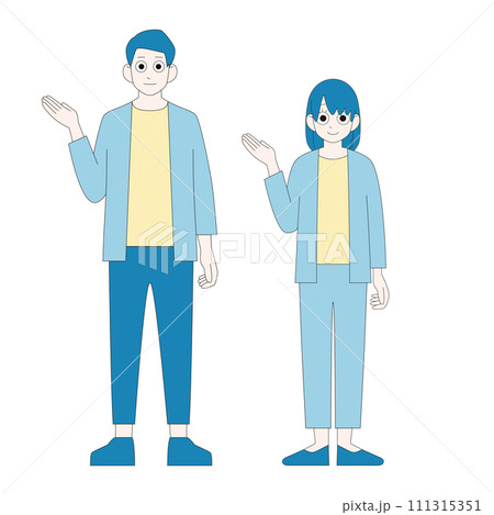 手のひらを向けて説明するラフな格好で働く男女　全身イラスト　カラー 111315351
