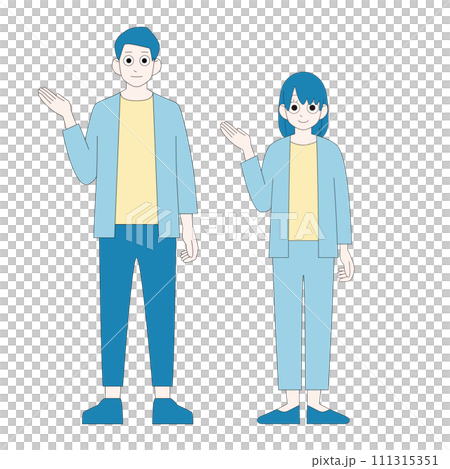 穿著休閒服工作的男女的全身插圖顏色,手掌朝上解釋 穿著休閒服工作的男女的全身插圖顏色,手掌朝上解釋 111315351
