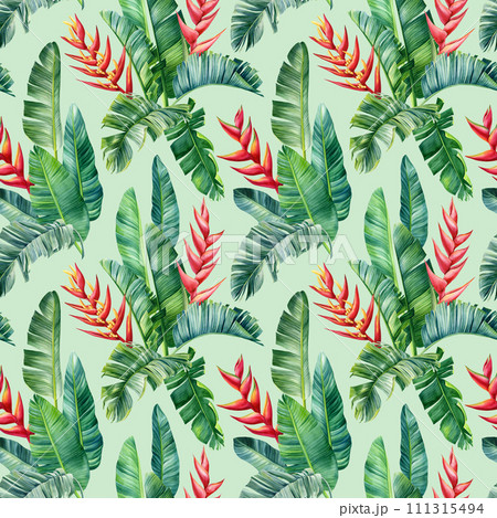 Tropical exotic green leaves palm, heliconia flowers, floral background. Seamless pattern, watercolor summer wallpaper Tropical exotic green leaves palm, heliconia flowers, floral background. Seamless pattern, watercolor summer wallpaper 111315494