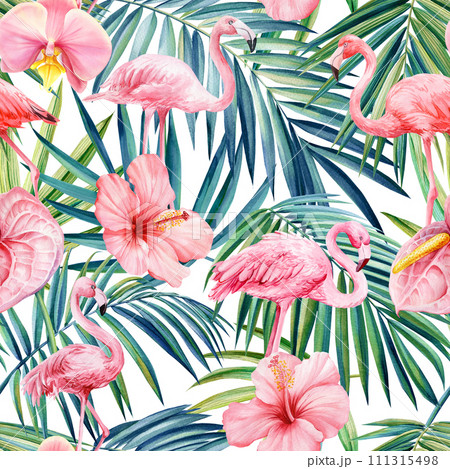 Tropical flower, Palm leaves and flamingo bird watercolor summer Seamless pattern. Exotic background hand drawn flora 111315498