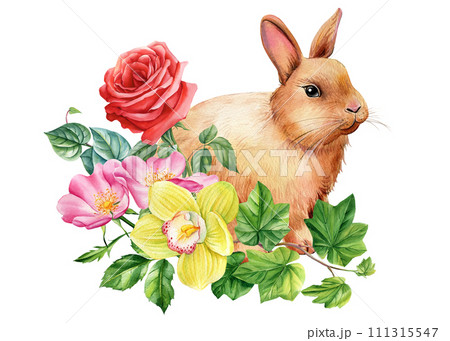Bunny and bouquet flowers, rabbit isolated white background, watercolor botanical hand drawn illustration, springtime Bunny and bouquet flowers, rabbit isolated white background, watercolor botanical hand drawn illustration, springtime 111315547