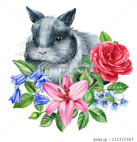 Easter bunny and flowers, watercolor drawing painting. Easter poster with rose, lily, bluebell flowers. Rabbit clipart 111315567