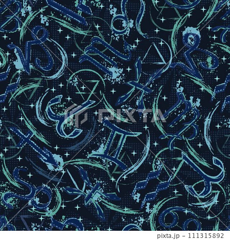 Blue camouflage grunge pattern with icons of horoscope, zodiac signs, stars, smudge, splattered paint. Esoteric mystic concept. For prints, clothing, t shirt, surface design Blue camouflage grunge pattern with icons of horoscope, zodiac signs, stars, smudge, splattered paint. Esoteric mystic concept. For prints, clothing, t shirt, surface design 111315892
