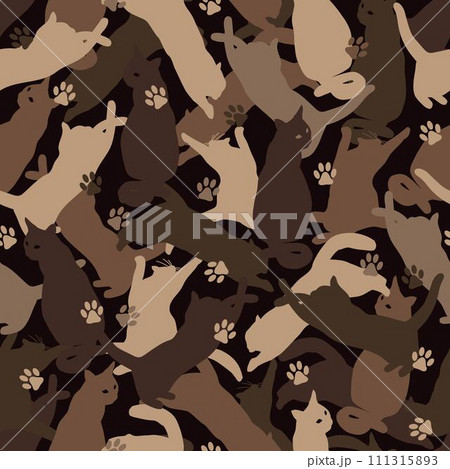Seamless brown camouflage pattern with silhouettes of jumping, playing, sitting cats, paw print. Flat style 111315893