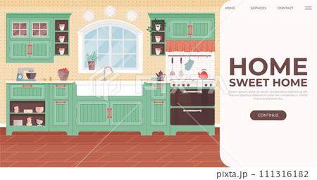 Kitchen interior vector illustration. Comfy dining room furniture complements warm atmosphere kitchen Homely decor in kitchen turns it into delightful space for culinary adventures Equip your domestic 111316182