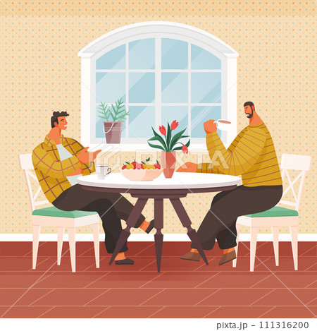 Kitchen interior vector illustration. A cosy kitchen interior concept fosters warm atmosphere for family gatherings The dining room, extension kitchen, completes homely ambiance Cuisine becomes art Kitchen interior vector illustration. A cosy kitchen interior concept fosters warm atmosphere for family gatherings The dining room, extension kitchen, completes homely ambiance Cuisine becomes art 111316200