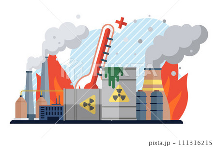 Global warming vector illustration. Dioxide, ghost haunting atmosphere, narrates story greenhouse gas and its impact Greenhouse gas, puppeteer climate change, pulls strings in theatrical performance 111316215
