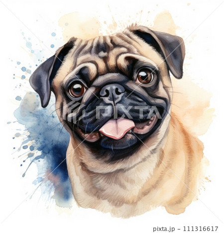 AI-generated content. Pug. Realistic watercolor dog illustration. Funny doggy drawing template. Art for card, poster and other. Illustration of dog on white background 111316617