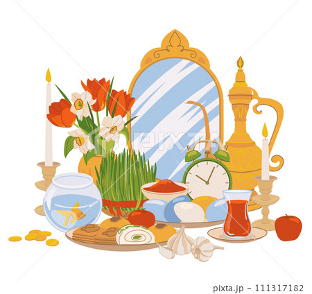 Products for the International Day of Navruz. Iranian New Year is a sacred day and religious holiday of Zoroastrians and Baha'is. Mirror, green grass, sweets, candles, vinegar, flowers. Flat vector. Products for the International Day of Navruz. Iranian New Year is a sacred day and religious holiday of Zoroastrians and Baha'is. Mirror, green grass, sweets, candles, vinegar, flowers. Flat vector. 111317182