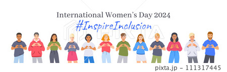 Inspire inclusion campaign pose. International Women's Day 2024 theme. Smiling diverse women and men make heart symbol with hands to stop discrimination and stereotypes. Gender equal inclusive world 111317445
