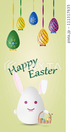 Happy Easter card with Easter bunny, painted eggs and English text. Happy Easter card with Easter bunny, painted eggs and English text. 111317635