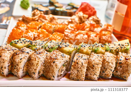 Varied set of delicious oriental sushi lounge close up 111318377