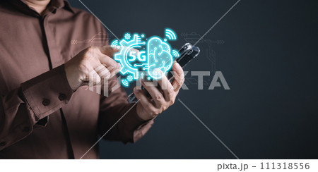 man touch icon cloud computing and 5G diagram show on hand. Data storage.Cloud technology.Secure backup and consistency Networking and internet service concept.Implement storage technology in business 111318556