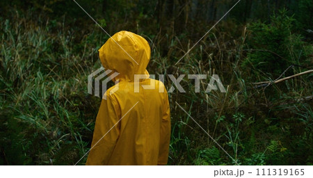 Girl touches grass on wet log in the rainy mountain forest Girl touches grass on wet log in the rainy mountain forest 111319165
