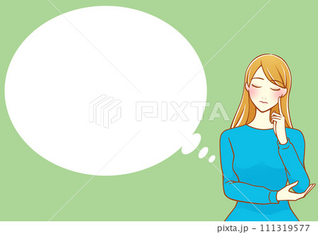 人差し指を頬にあてて考える茶髪の女性 フキダシ(青×浅緑) 人差し指を頬にあてて考える茶髪の女性 フキダシ(青×浅緑) 111319577