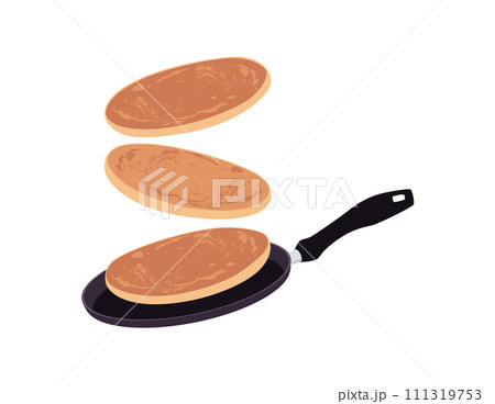 Pancakes toss in the pan, turn the pancake on the fly, vector delicious baking food, sweet dessert isolated on white 111319753
