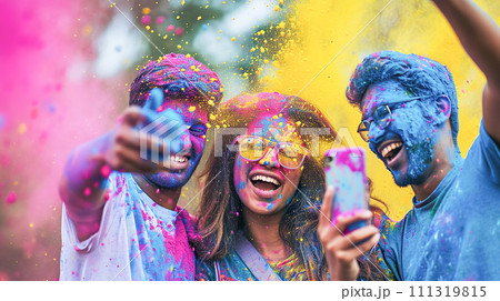 AI-generated content. A group of happy joyful modern young girls and boys look take a selfie, among clouds of blue and yellow Holi powder 111319815
