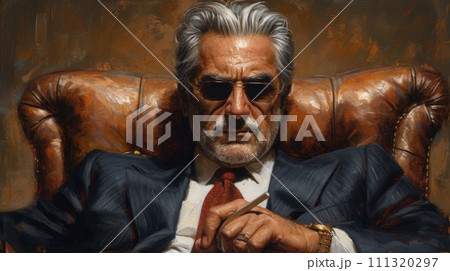 AI-generated content. A painting of a man in suit and tie sitting on chair, AI 111320297