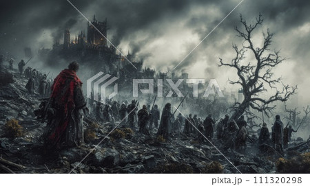 AI-generated content. A group of people standing on a hill with trees in the background, AI 111320298