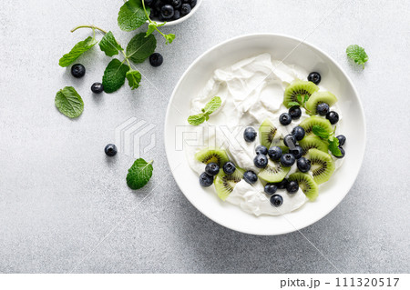 White plain greek yogurt with fresh blueberries and kiwi fruit, top view White plain greek yogurt with fresh blueberries and kiwi fruit, top view 111320517