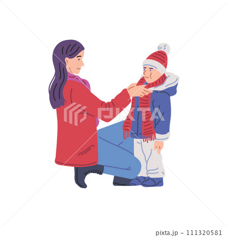 Mother dresses the child, helping boy son to dress up warm clothes, vector parent ties a scarf, button up kid jacket 111320581
