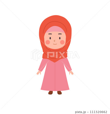 Muslim child girl professes Islamic faith, flat vector illustration isolated. Muslim child girl professes Islamic faith, flat vector illustration isolated. 111320662