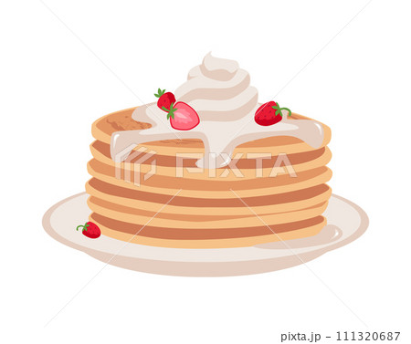 Pancakes with whipped cream and strawberries, flat vector illustration isolated. 111320687