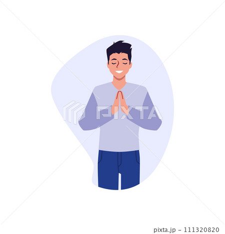 Praying young happy man putting palms together, vector Christian religious believer praying to God Jesus, feeling faith Praying young happy man putting palms together, vector Christian religious believer praying to God Jesus, feeling faith 111320820