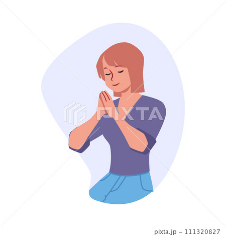 Praying young woman putting palms together, vector Christian religious person praying to God Jesus feeling superstitious Praying young woman putting palms together, vector Christian religious person praying to God Jesus feeling superstitious 111320827