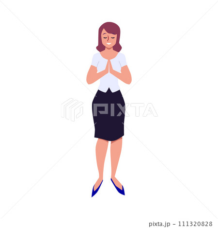 Praying young woman putting palms together, religious person praying to God feeling superstitious vector Christian faith 111320828