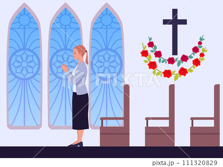 Christian church cartoon scene with a praying young woman vector illustration, religious person near cross in church Christian church cartoon scene with a praying young woman vector illustration, religious person near cross in church 111320829